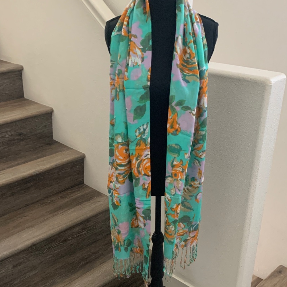 Isaac Mizrahi Vibrant Floral Scarf - Aqua and Tangerine